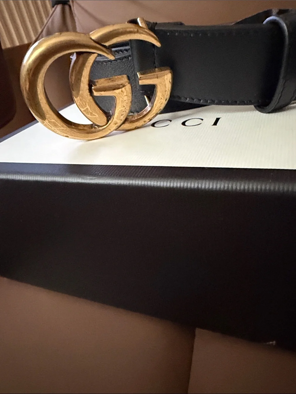 Gucci Black Leather Belt with Antiqued Gold Double G Buckle